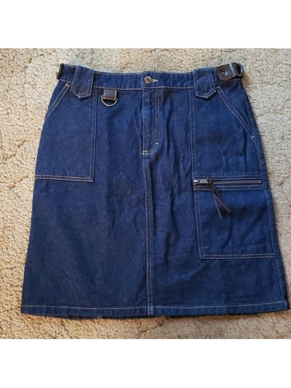 Route 66 Dark Wash Denim Skirt Leather Trim Adjustable Waist